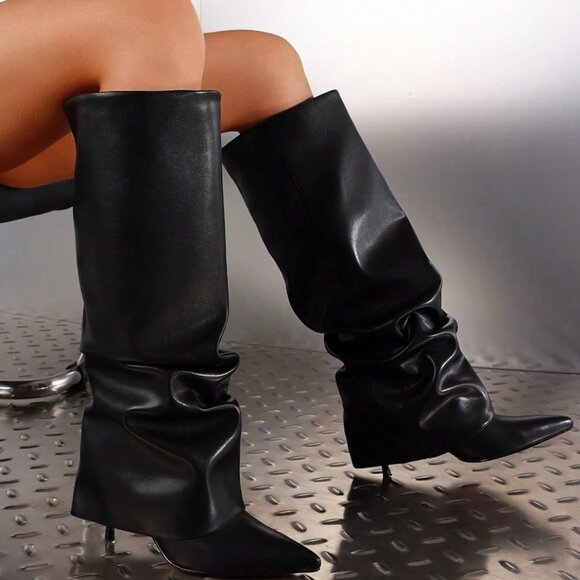 Black Preppy Women's Knee High Ruched Point Toe Stilettos - Picture 6 of 6